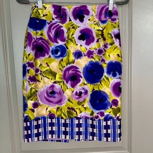 Baraschi Watercolor Bold Floral Pencil Skirt Purple Chartreuse Plaid Size 2